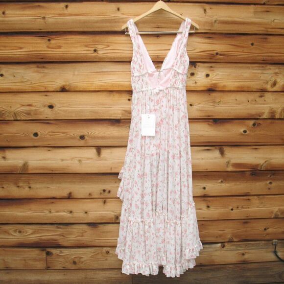 MAC DUGGAL  White Multicolor Floral Print Sleeveless Ruffled High-Low Gown - Picture 10 of 13